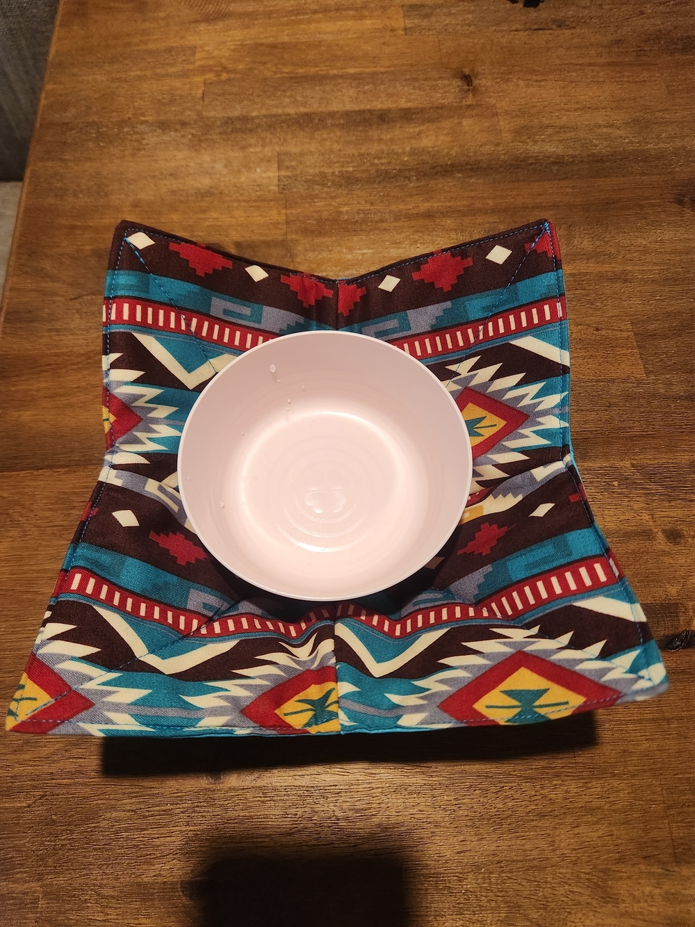 Southwestern Pattern Fabric Bowl Cozy - Teal, Red, Yellow